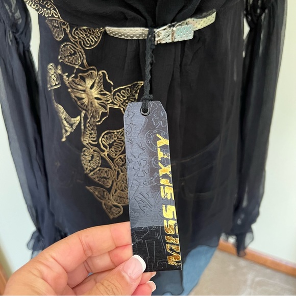 Miss Sixty 100% Silk Black Empire Waist Gold Buckle Puffy Sleeve Blouse NWT - Picture 12 of 14